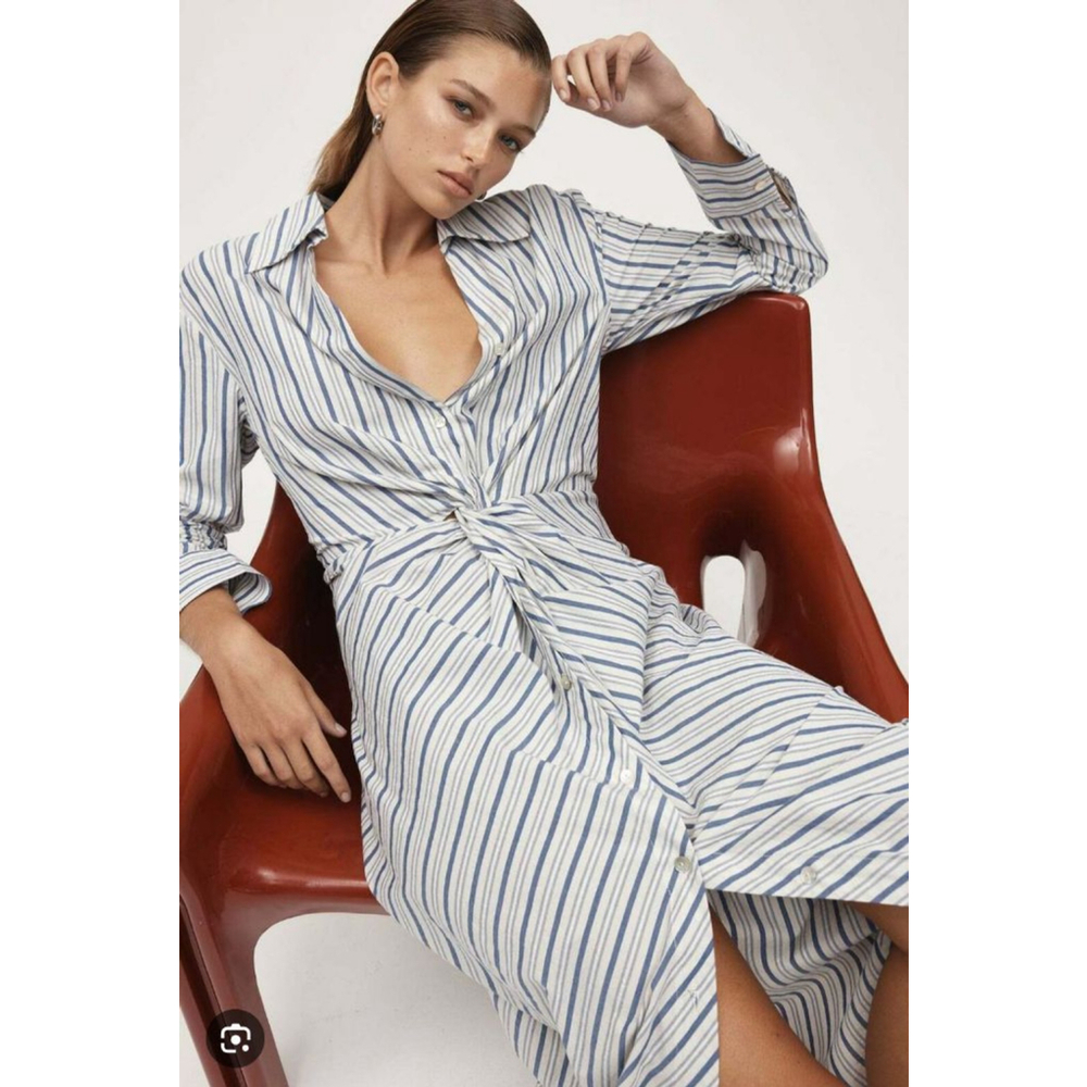 Women's MARLE White & Blue Stripe Knot Front Midi Dress M - Picture 2 of 15